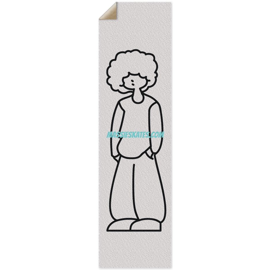 White grip tape with an outline of Massie Lowe character.